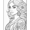 A line art illustration of a woman with long hair decorated with large flowers, wearing intricate floral patterns on her clothing.