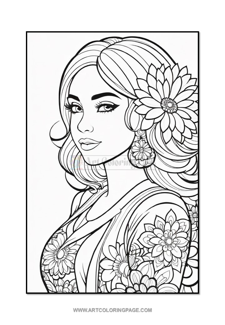 A line art illustration of a woman with long hair decorated with large flowers, wearing intricate floral patterns on her clothing.