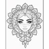 A detailed black and white coloring page featuring a woman with elaborate floral designs surrounding her, evoking a serene, artistic vibe.