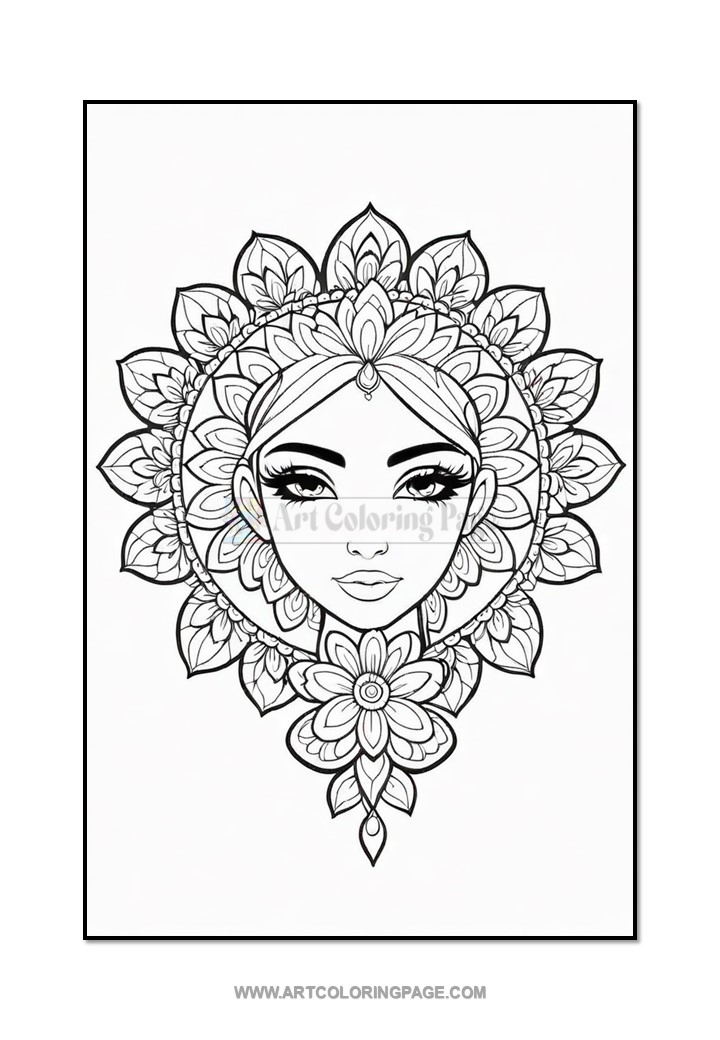 A detailed black and white coloring page featuring a woman with elaborate floral designs surrounding her, evoking a serene, artistic vibe.