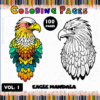 Eagle mandala coloring pages featuring a colorful design and a black and white outline for coloring, available at artcoloringpage.com.