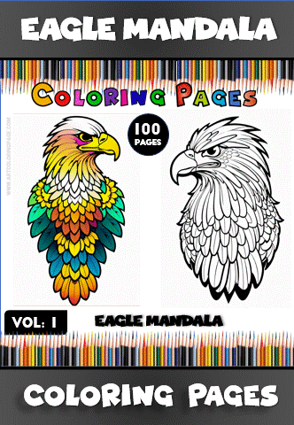 Eagle mandala coloring pages featuring a colorful design and a black and white outline for coloring, available at artcoloringpage.com.