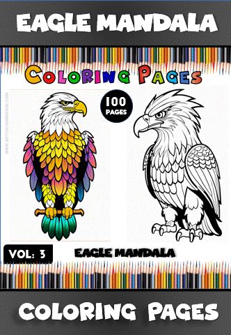 Eagle mandala coloring pages from a Mandala coloring book, featuring colorful and black-and-white designs for artcoloringpage.com.