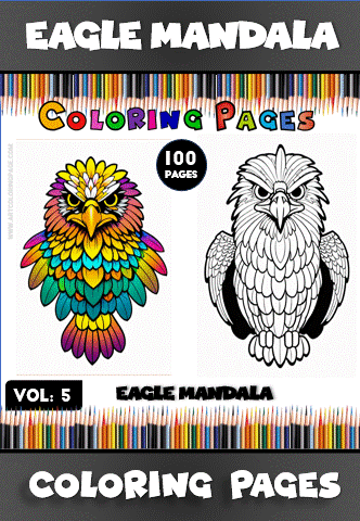 Eagle mandala coloring pages featuring a colorful design and a black and white outline, part of a Mandala coloring book from artcoloringpage.com.