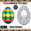 Coloring page featuring an eggs mandala with vibrant designs and floral patterns, promoting artcoloringpage.com and mandala coloring book series.