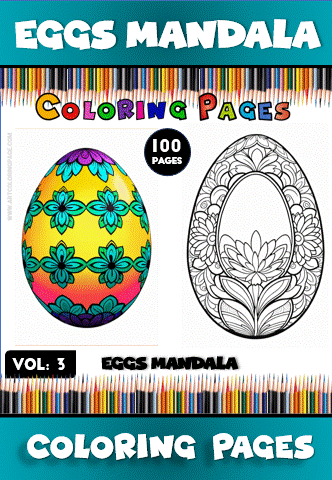 Coloring page featuring an eggs mandala with vibrant designs and floral patterns, promoting artcoloringpage.com and mandala coloring book series.