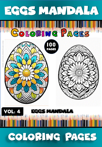 Coloring pages featuring intricate egg mandala designs, part of a 100-page Mandala coloring book from artcoloringpage.com.