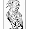 A detailed black and white illustration of a fierce eagle with intricate feather patterns and an intense expression.
