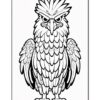 A detailed black and white illustration of an eagle, featuring an ornate feather design and an intense expression.