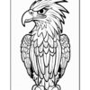 A detailed black and white drawing of a fierce-looking eagle, featuring intricate feather patterns and an intense expression.