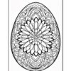 A detailed black and white mandala design in the shape of an egg, featuring intricate floral patterns.