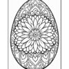 Intricate mandala design of an egg shape with floral patterns inside, presented in black and white for coloring.