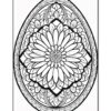 A black-and-white mandala design featuring intricate floral patterns arranged in an egg shape.