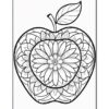 A large outlined apple featuring intricate floral and mandala patterns inside, with a leaf attached at the top.