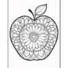 An intricate black and white coloring page featuring a decorative apple filled with floral patterns.