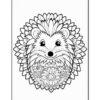 A cartoon hedgehog with a floral design on its body, featuring large, expressive eyes and a smiling face, surrounded by leaves.