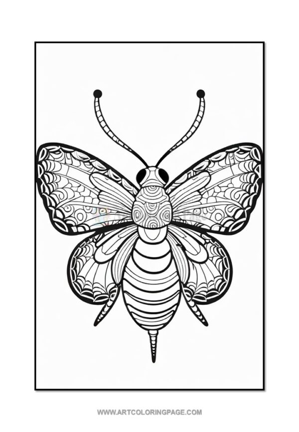 A detailed black and white line drawing of a butterfly with intricate patterns, suitable for coloring.