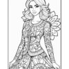 A woman in a decorative outfit with floral patterns poses against a backdrop of flowers, ready for coloring.