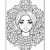 A detailed black-and-white mandala featuring a woman's face surrounded by floral designs.