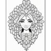 A detailed black and white mandala coloring page featuring a stylized portrait of a woman with long hair and ornamental designs.