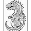 Detailed black and white coloring page illustration of a stylized dinosaur adorned with floral and spiral patterns.