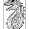 A detailed line art drawing of a dragon head, adorned with floral patterns and intricate designs.