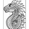 A detailed black-and-white illustration of a dragon featuring intricate designs and patterns.