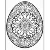 A decorative black and white mandala design shaped like an egg, featuring detailed floral patterns.