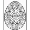 A detailed black and white illustration of a decorative egg featuring intricate floral patterns.