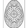 A detailed, intricate black and white coloring page featuring a large egg shape surrounded by floral patterns.