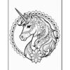 A decorative black and white illustration of a unicorn surrounded by floral patterns and mandala designs.