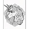 A detailed line drawing of a unicorn's head surrounded by an intricate floral wreath.