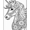 A detailed black and white outline drawing of a unicorn adorned with floral patterns.