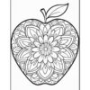 A black and white coloring page featuring an apple surrounded by intricate floral designs.