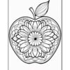 A detailed black and white coloring page featuring a large apple with intricate floral patterns inside.