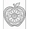 A large, intricate black-and-white illustration of an apple filled with a detailed floral pattern, featuring a central daisy.
