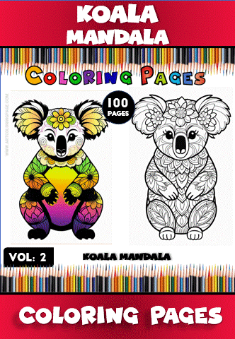 Coloring page featuring a koala mandala design in colorful and black-and-white variations, showcasing intricate patterns for relaxation.