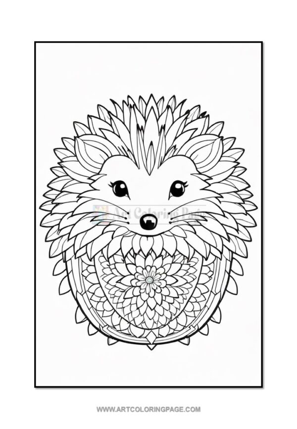 A cute hedgehog with a floral design surrounding its face, ready for coloring.