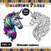 A vibrant cover for a coloring book featuring unicorn mandalas, showcasing two unicorn heads: one with a colorful mane and intricate patterns, the other in black and white with floral designs. The title 'Unicorn Mandala Coloring Pages' is prominently displayed along with '100 Pages' and 'Vol. 4'.