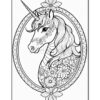 A detailed black and white coloring page of a unicorn surrounded by floral decorations within an oval frame.