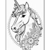 A detailed coloring page featuring a unicorn's head surrounded by floral designs and intricate patterns.