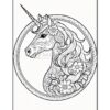 Intricate coloring page featuring a unicorn surrounded by floral designs and decorative elements.