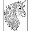 A detailed line art illustration of a unicorn's head adorned with flowers and intricate patterns.