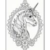 A detailed coloring page featuring a unicorn with intricate designs, surrounded by flowers and decorative elements.