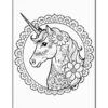 A detailed black-and-white illustration of a unicorn’s head surrounded by a decorative floral mandala.
