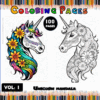 Unicorn mandala coloring pages featuring intricate designs with floral elements, promoting artcoloringpage.com and its mandala coloring book.