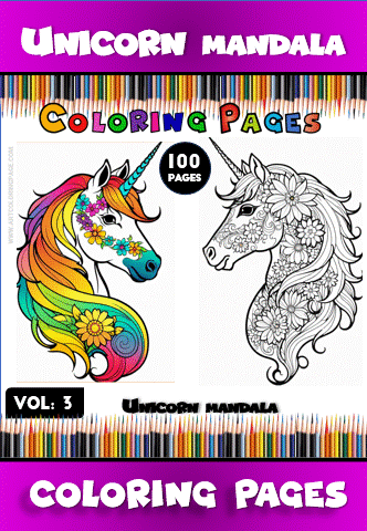 Unicorn mandala coloring pages featuring colorful designs and intricate patterns, showcased in a 100-page mandala coloring book from artcoloringpage.com.