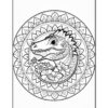 A stylized dragon's head surrounded by floral patterns and intricate mandala designs in a coloring page style.