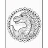 A stylized dragon in a circular floral border, featuring intricate patterns and details.