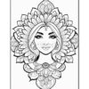 A detailed black-and-white coloring page of a woman with long hair, adorned with floral patterns around her face.